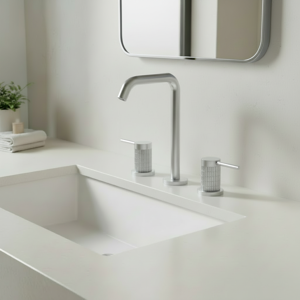 Modern bathroom with matching chrome faucet and mirror frame