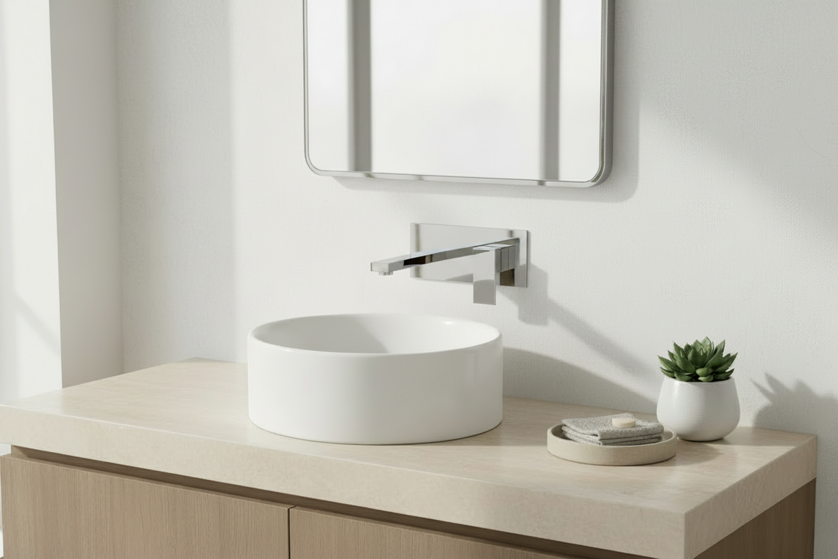 Modern bathroom with polished-chrome faucet and mirror frame