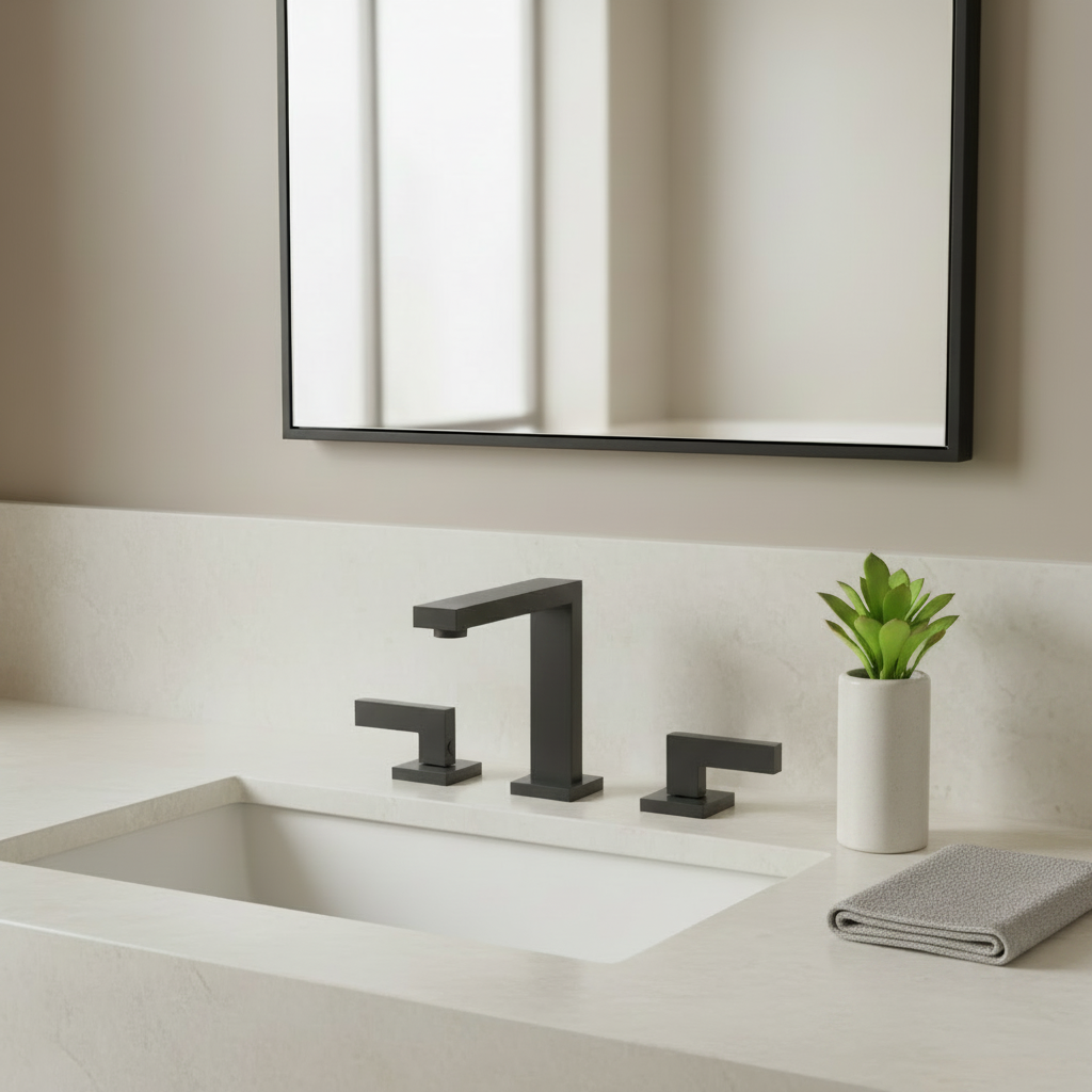 Modern bathroom with side decor and angular faucet