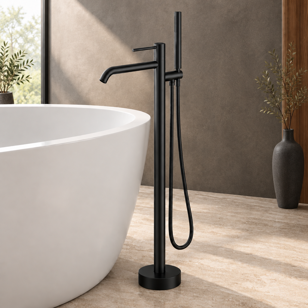 Modern faucet lifestyle image with floor vase