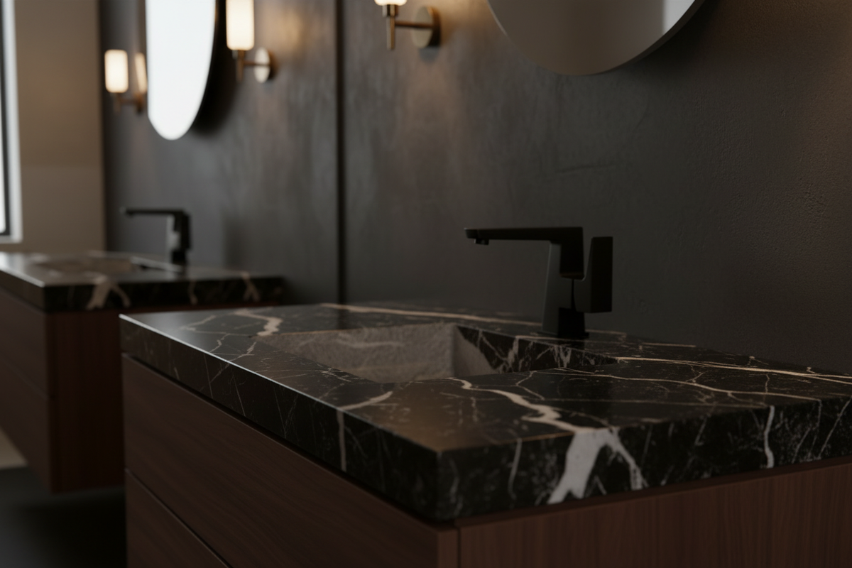 Moody luxury bathroom lifestyle image featuring the faucet
