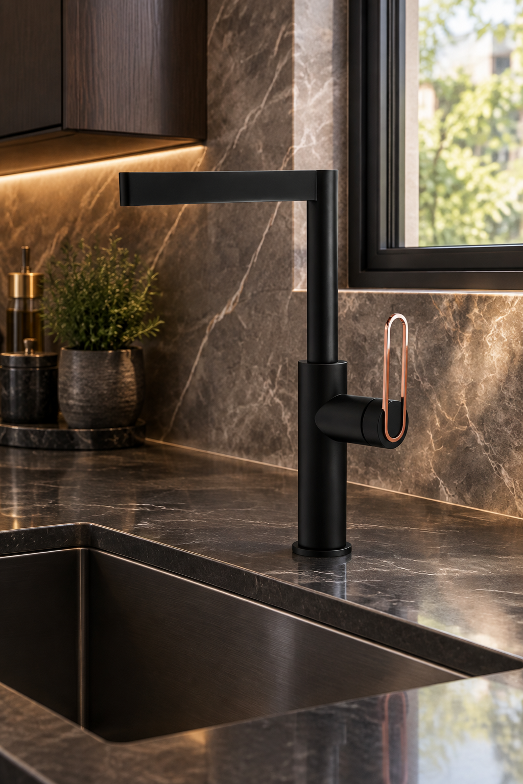 New kitchen scene with dark cabinetry and marble backsplash