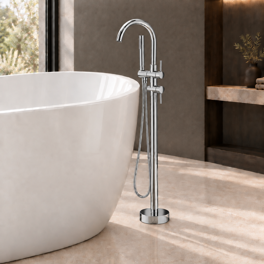 Polished-chrome freestanding faucet lifestyle image