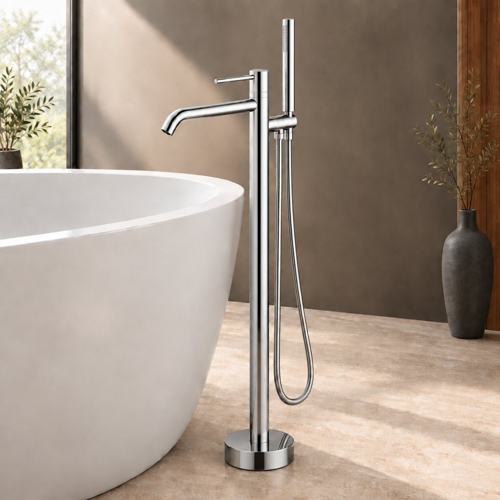 Polished-chrome freestanding faucet lifestyle image