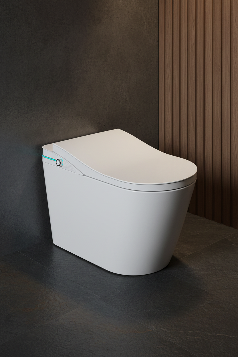 Toilet in a realistic dark Scandinavian bathroom setting