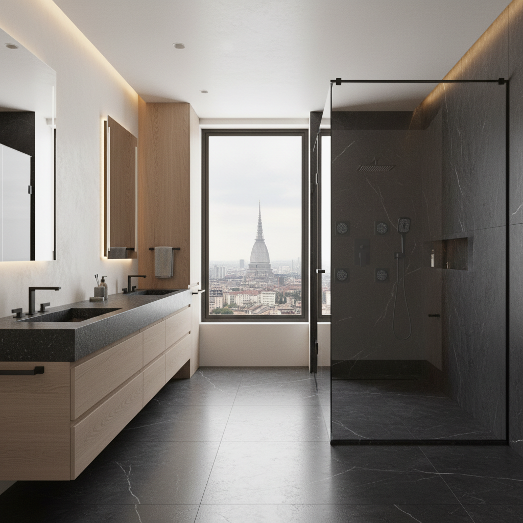 Torino bathroom using verified matte-black collection products