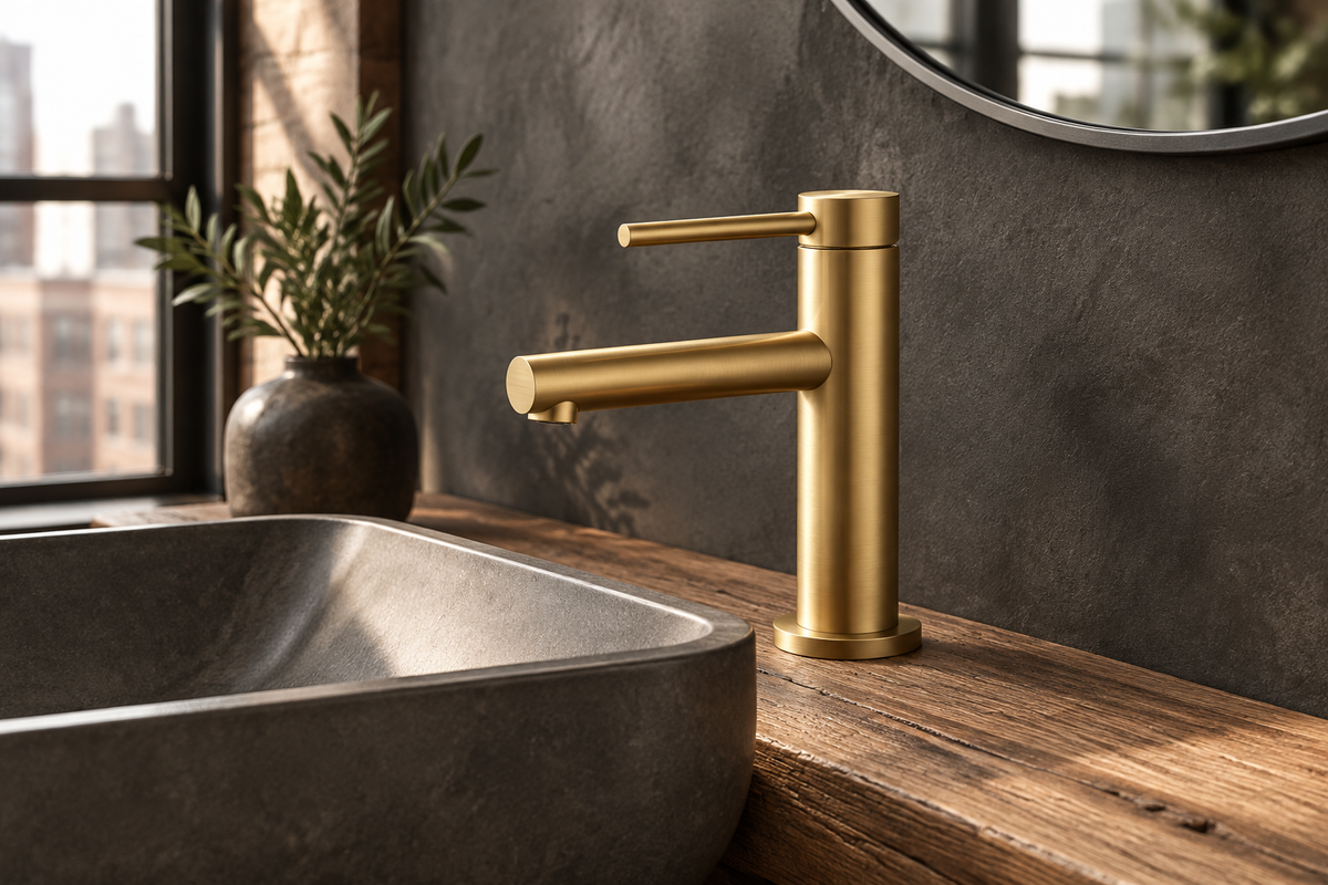 VENETO Brushed Gold faucet in an industrial loft bathroom