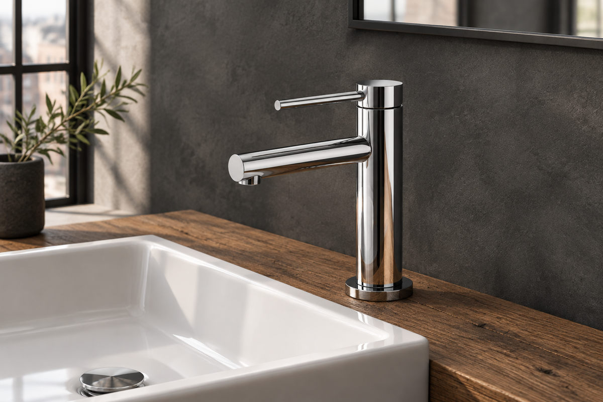 VENETO Chrome faucet in an industrial loft bathroom