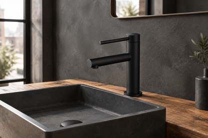 VENETO Matte Black faucet in an industrial loft bathroom